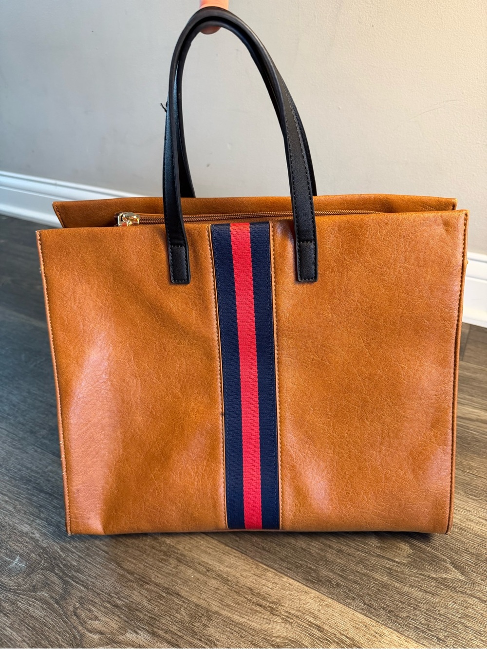 Moda Luxe Tan Leather Tote with Navy & Red Stripe